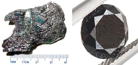 Кристалл карбида кремния (слева) и ограненный натуральный муассанит (справа)